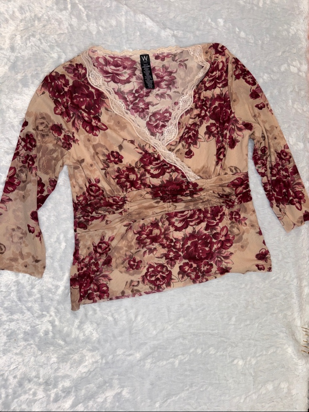 Floral Wrap-Front Blouse in Beige and Burgundy